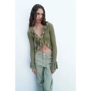 Zara Green Ribbed Ruffle Trim Cardigan Sweater S